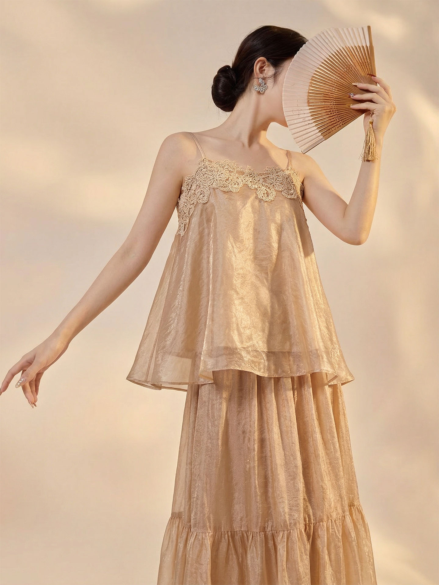 Bộ đầm maxi nữ thắt eo phong cách cổ điển Trung Hoa cao cấp (áo dây + chân váy) — nửa váy, Trang chủ