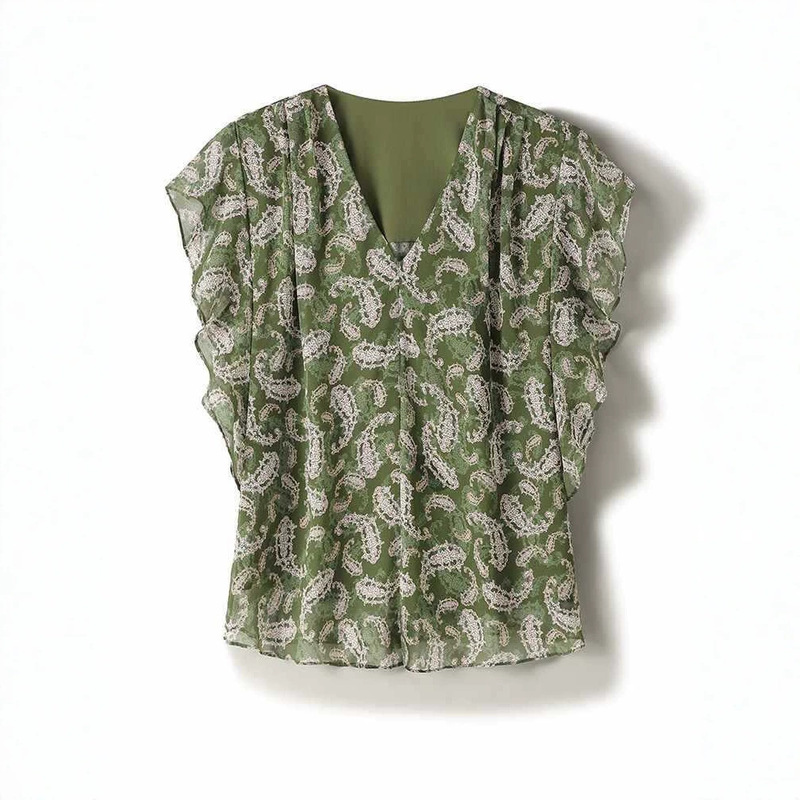 Silk Crepe De Chine 100% Mulberry Silk V-Neck Ruffle Sleeve Short Top Summer Women's Age-Reducing Workwear Printed Shirt for Women Silk Crepe De Chine 100% Mulberry Silk V-Neck Ruffle Sleeve Short Top Summer Women's Age-Reducing Workwear Printed Shirt for Women