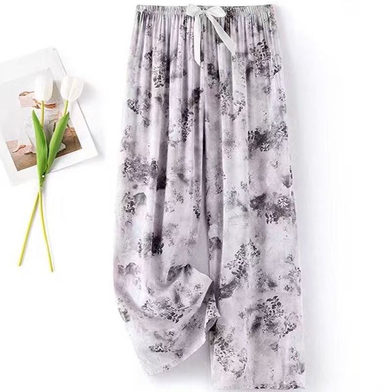 Pijama de seda de algodón para mujer, pantalones anchos de mujer embarazada de seda de algodón con estampado fino de verano
