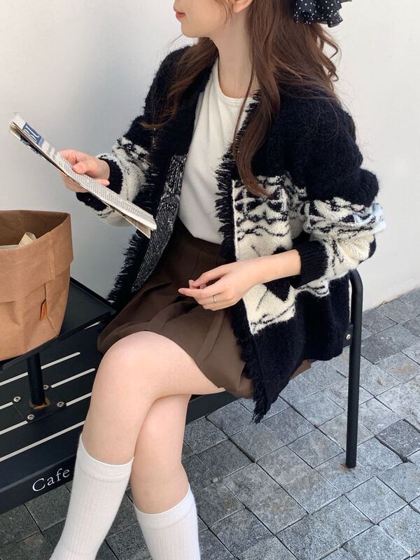 韩东大门韩版菱形毛衣外套女2025新款百搭宽松慵懒风时尚针织开衫|undefined
