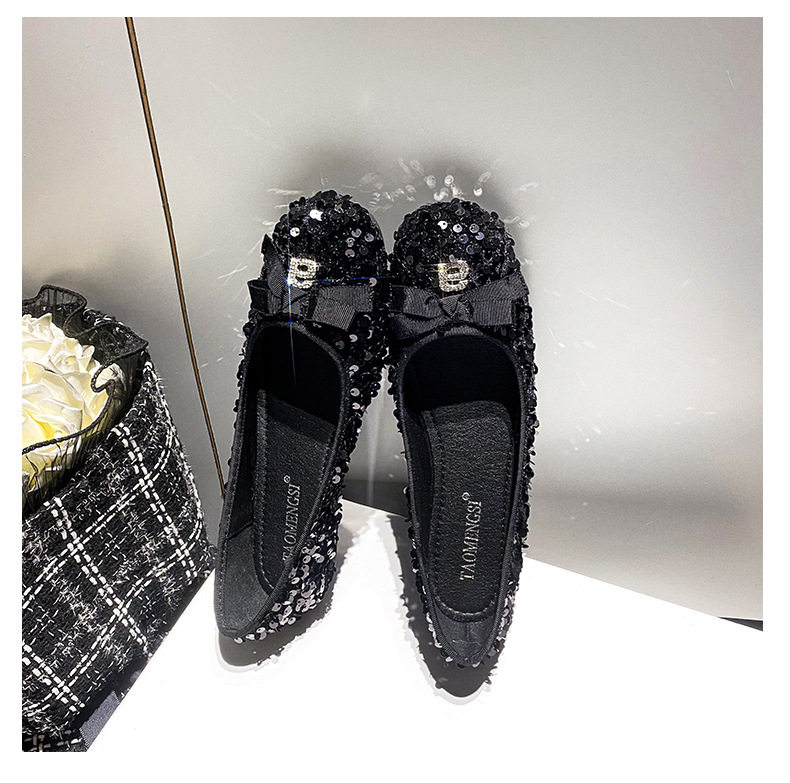 Giày búp bê nữ mũi vuông đế nhỏ đính sequin nơ, kiểu Mary Jane lười gót thấp 1–3 cm — Màu bạc, Màu đen chi tiết 26