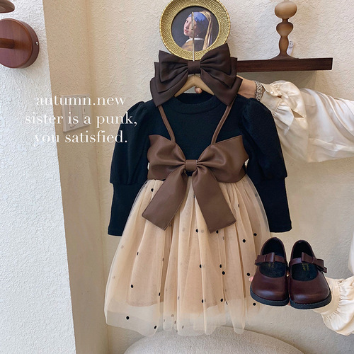 Girls Dress Spring and Autumn  New Style Children's Fake Two-piece Long-Sleeved Puffy Gauze Dress Baby Skirt