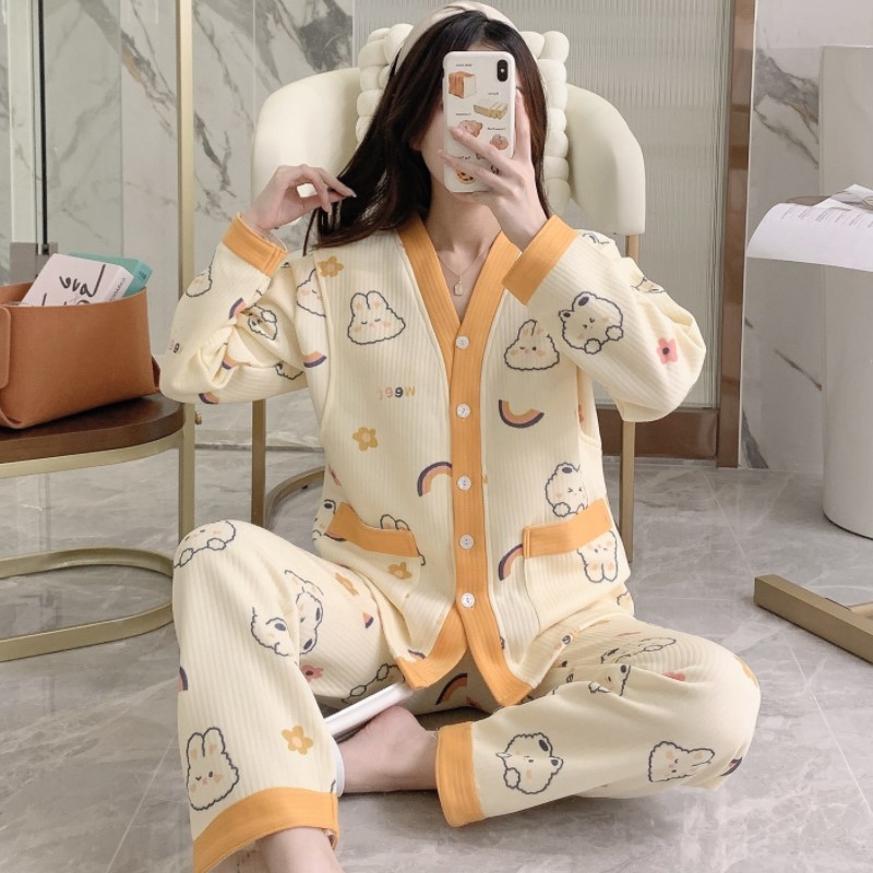 2025 meses de ropa de embarazo pijama prenatal y postpartum lactancia otoño y invierno sándwich aire caliente algodón conjunto de ropa para el hogar