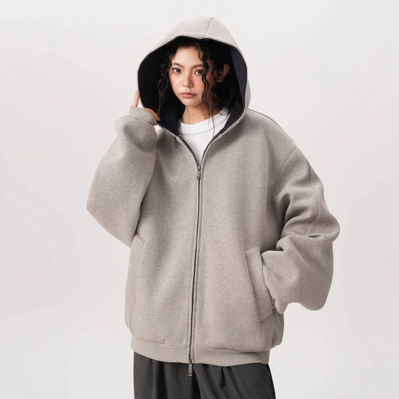 Кофта‑худи на молнии, оверсайз американский стиль, весенняя, M–2XL, серый/чёрный