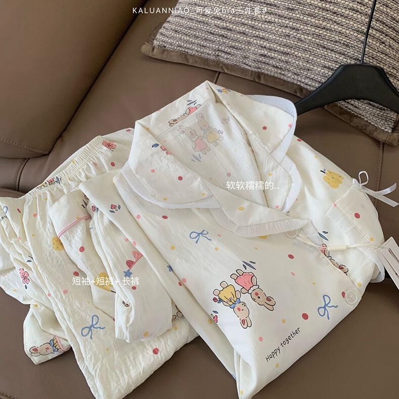 Cute Rabbit Bra Three-Piece Cartoon Comfortable Pajamas for Women with Breast Pads for Going Out and Home Wear Lapel Cardigan Style