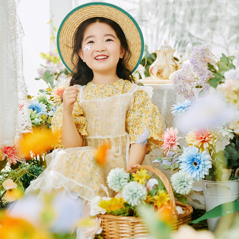 Girls Yellow Floral Dress Pastoral Style Small Fresh Summer Lace Apron 5 Years Old and 7 Years Old Kidsren's Photography Clothing