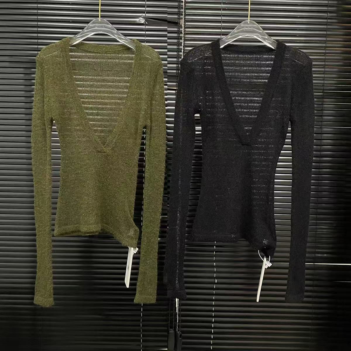 2025 spring new thin long sleeve V-neck sweater women's breathable fashion versatile slim pullover top