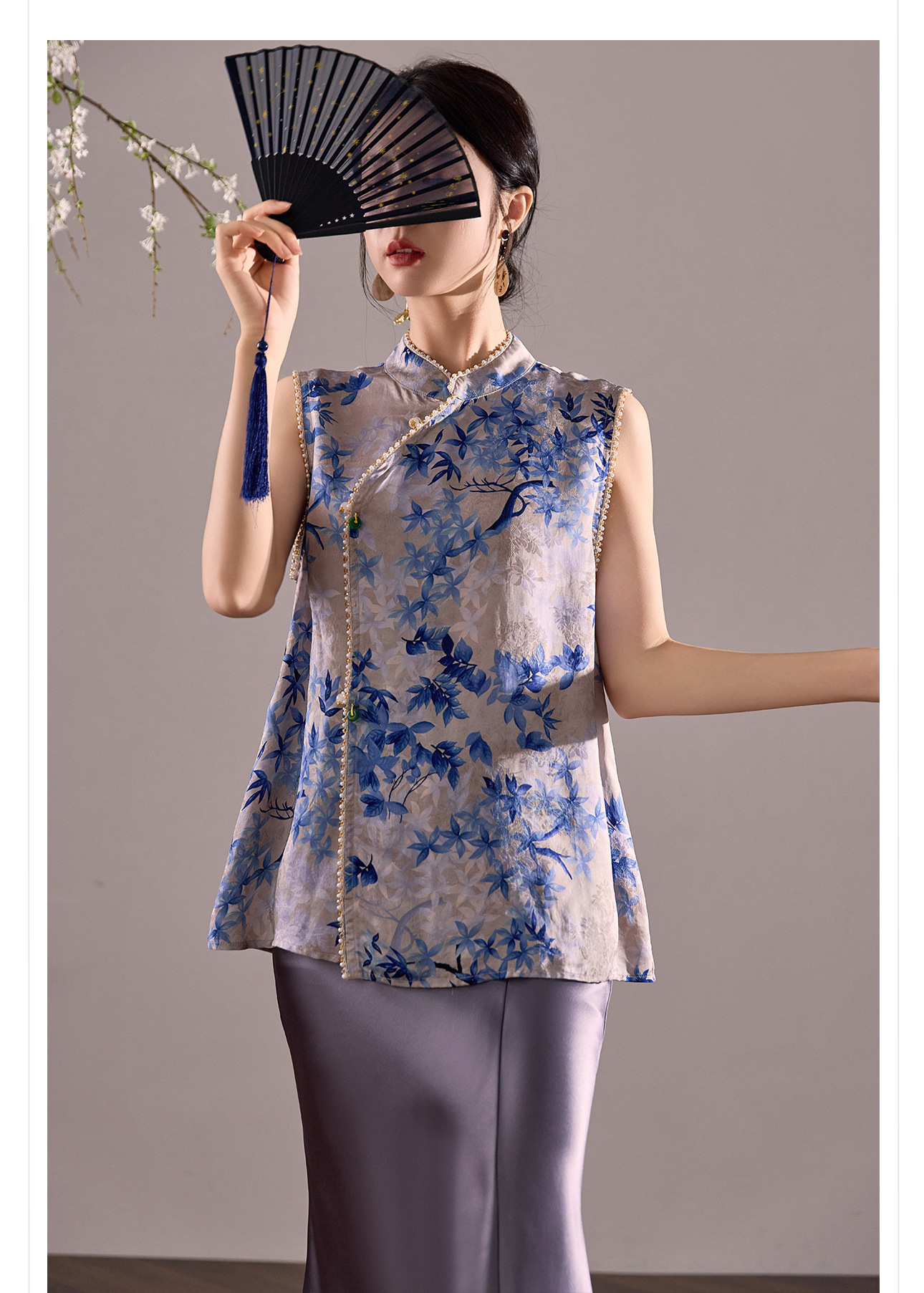 Áo vest gile nữ cổ đứng không tay phong cách cổ điển Trung Hoa, đính chuỗi hạt, mùa hè M8035 — màu xanh chi tiết 11