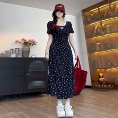 クロスボーダー大きいサイズファットmmフレンチスイート花柄ドレス女性用2025夏ウエスト痩身Aラインロング