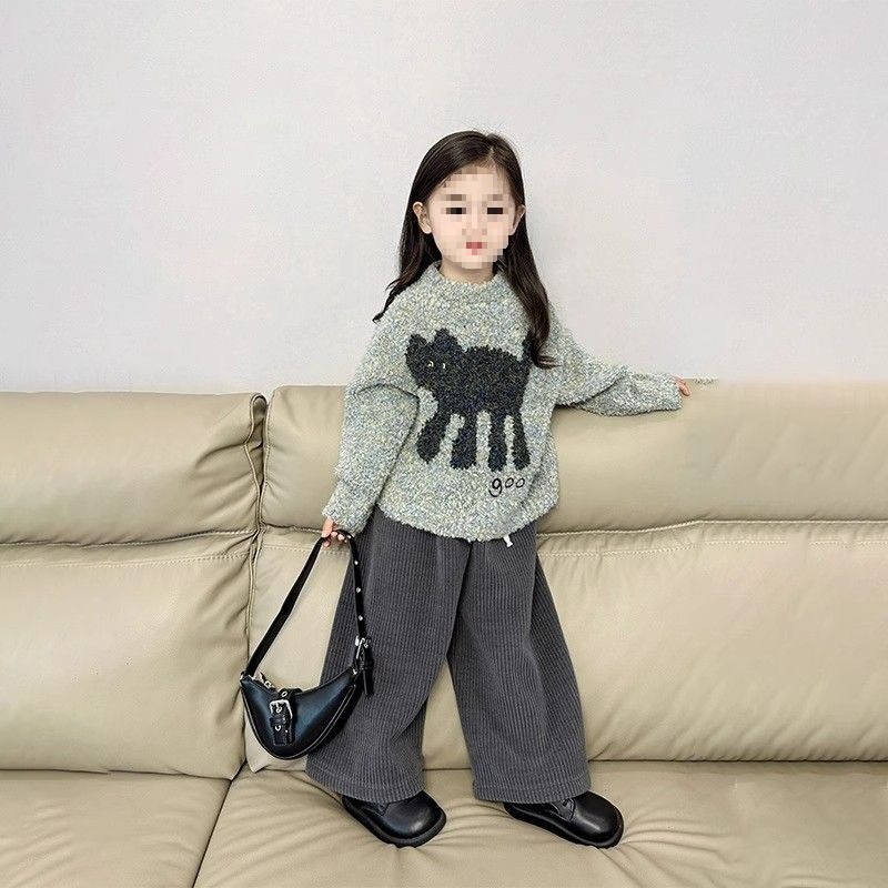 韩版女童加厚保暖小猫咪毛衣针织衫儿童雪尼尔加绒裤2025秋冬新款