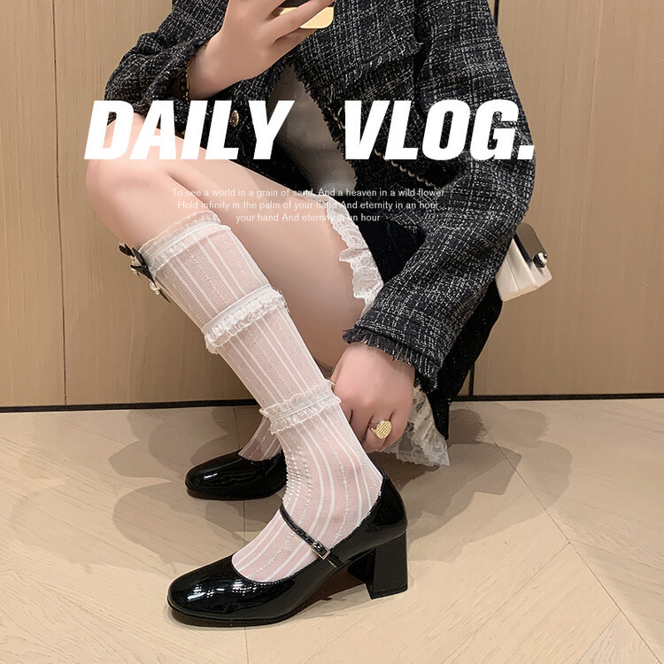 Silver Color Matching Skirt, Chunky Heel Mary Jane Shoes, 2024 Autumn New Style, Round Toe, Shallow Mouth, Buckle Strap High Heel Shoes