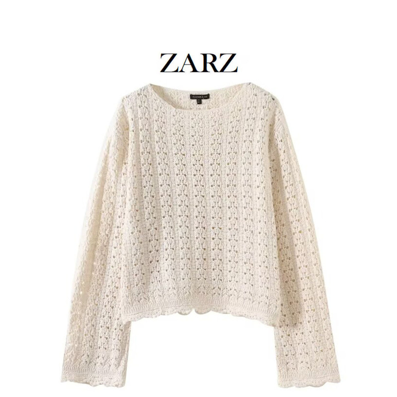 ZARZ 自制 欧美风 新款女装 度假沙滩风镂空钩编圆领长袖针织衫|undefined