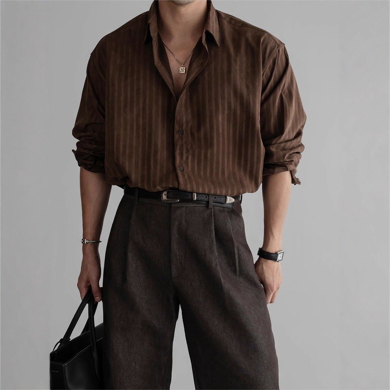Textured Casual Long-Sleeved Shirt Men's Autum Tops Retro Light Mature Style Men's Heavy Vertical Stripesd Shirt Trendy