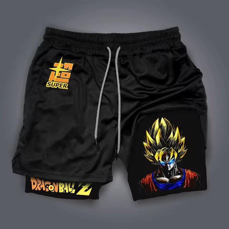 Dragon Ball anime Goku printed double-layer shorts, 2026 summer collection, American-style athletic shorts for men, loose fit, breathable Dragon Ball anime Goku printed double-layer shorts, 2026 summer collection, American-style athletic shorts for men, loose fit, breathable