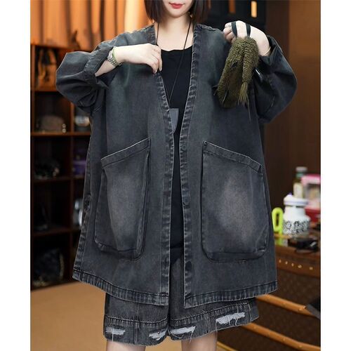 Spring large size new retro casual denim washed coat parquet all-matching artistic loose top cardigan