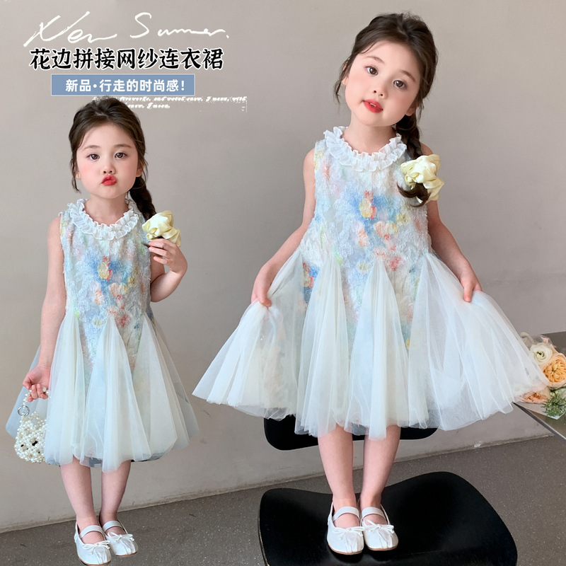 Girls' Floral Princess Tulle Dress Summer New Children's Stylish Fashionable Lace Vest Mermaid Dress Summer Wholesale Trendy