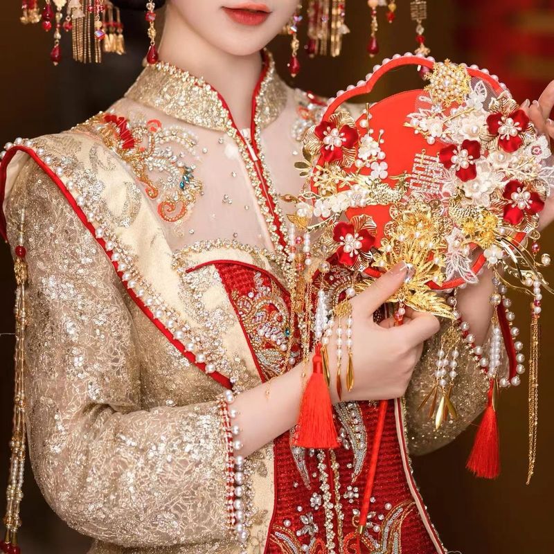 新娘结婚秀禾团扇新中式古风双面手工成品遮面香槟色蕾丝花朵团扇|undefined