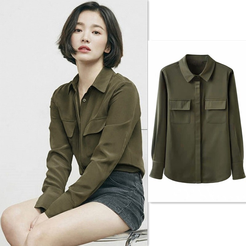 Korean Star Song Hye Kyo Same Style Top Clothes Military Green Hong Kong Style Retro Shirt Women's Spring and Autumn Fashion Long Sleeve Shirt