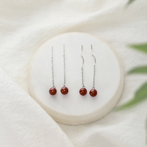 Under the Banyan Tree S925 silver natural cinnabar ear wire retro temperament high-end curve new fashion acacia red bean earrings