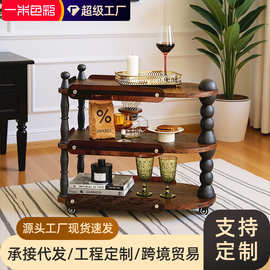 中古风白蜡木可移动米尔小推车法式复古风客厅小户型收纳实木边几