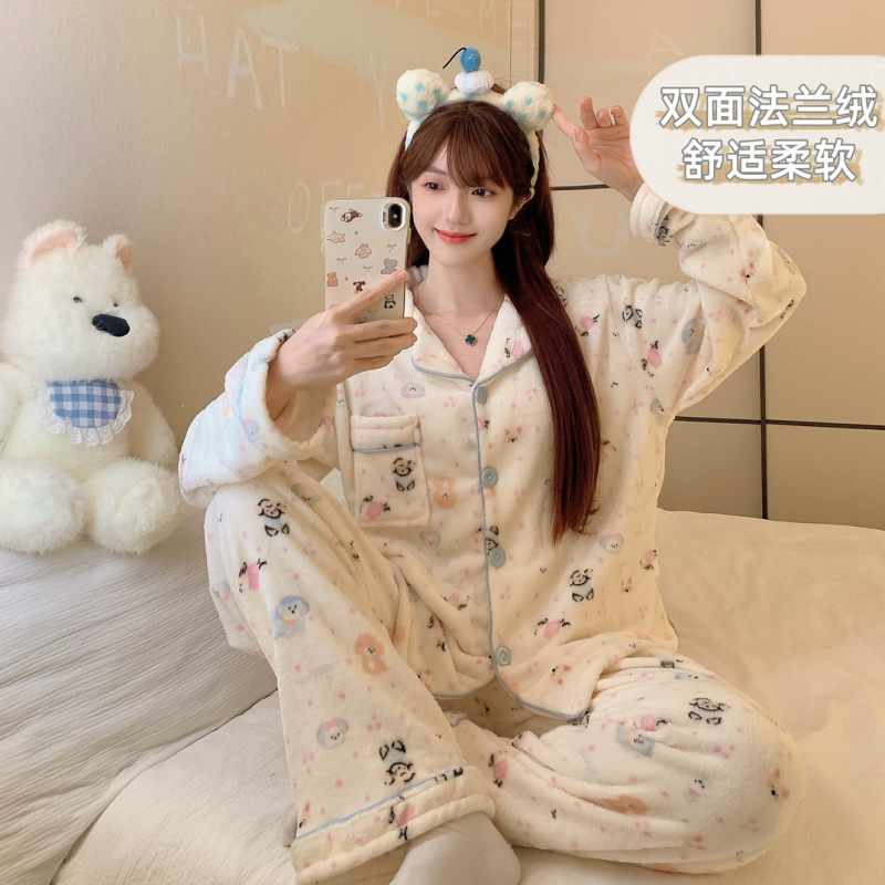 法兰绒睡衣女秋冬季新款公主风卡通开衫长袖套装加厚可外穿家居服|undefined
