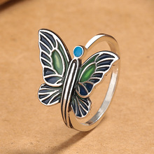 复古民族风景泰蓝珐琅蝴蝶戒指女做旧工艺小众设计感创意开口指环