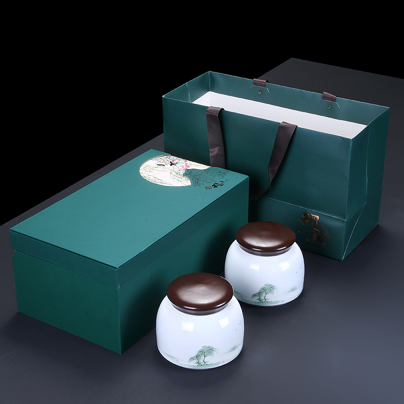 厂家批发陶瓷茶叶罐山水春茶礼盒礼品定制LOGO