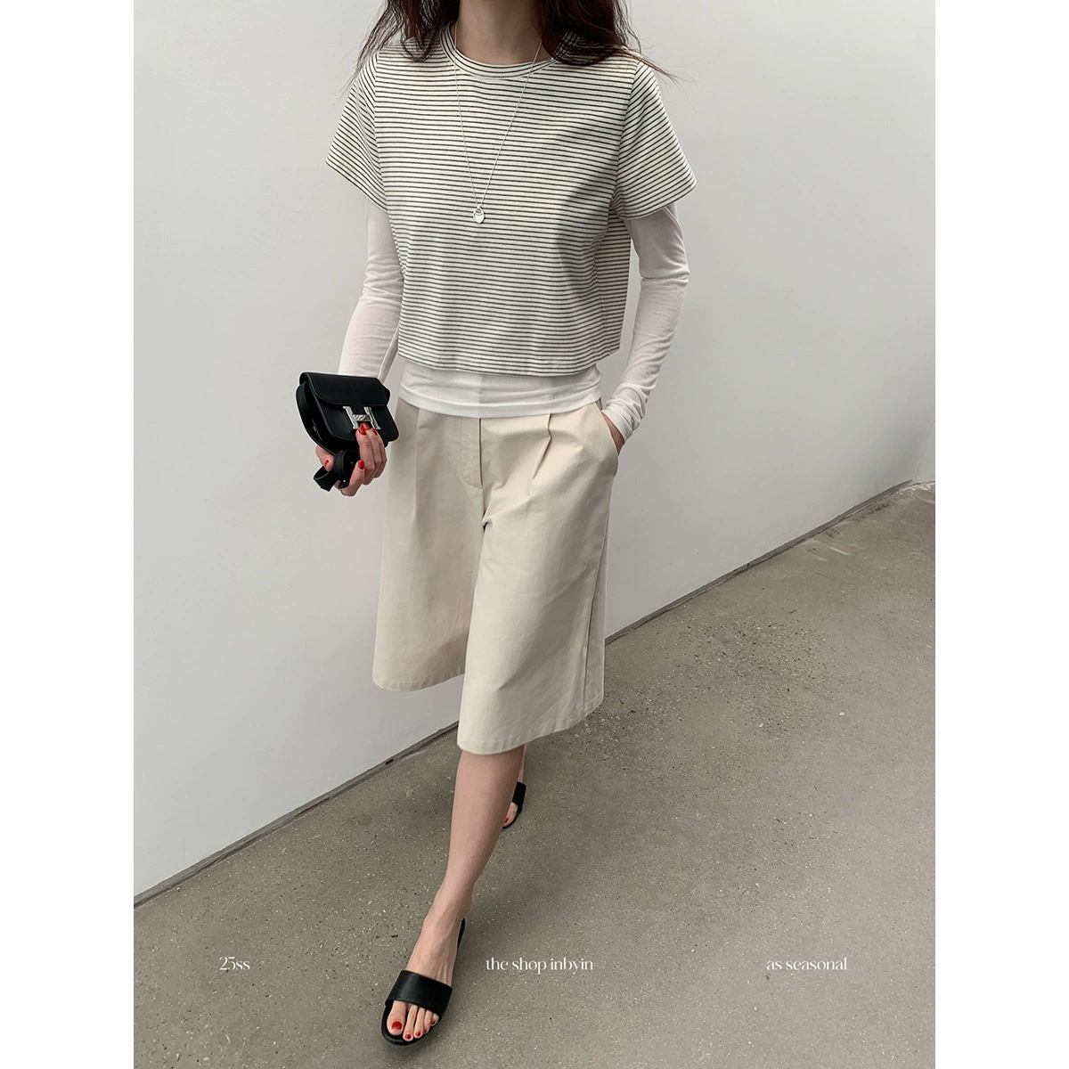 Yi En Ou inbyin корейская свободная футболка в полоску с короткими рукавами женская весна с круглым вырезом с коротким плечом