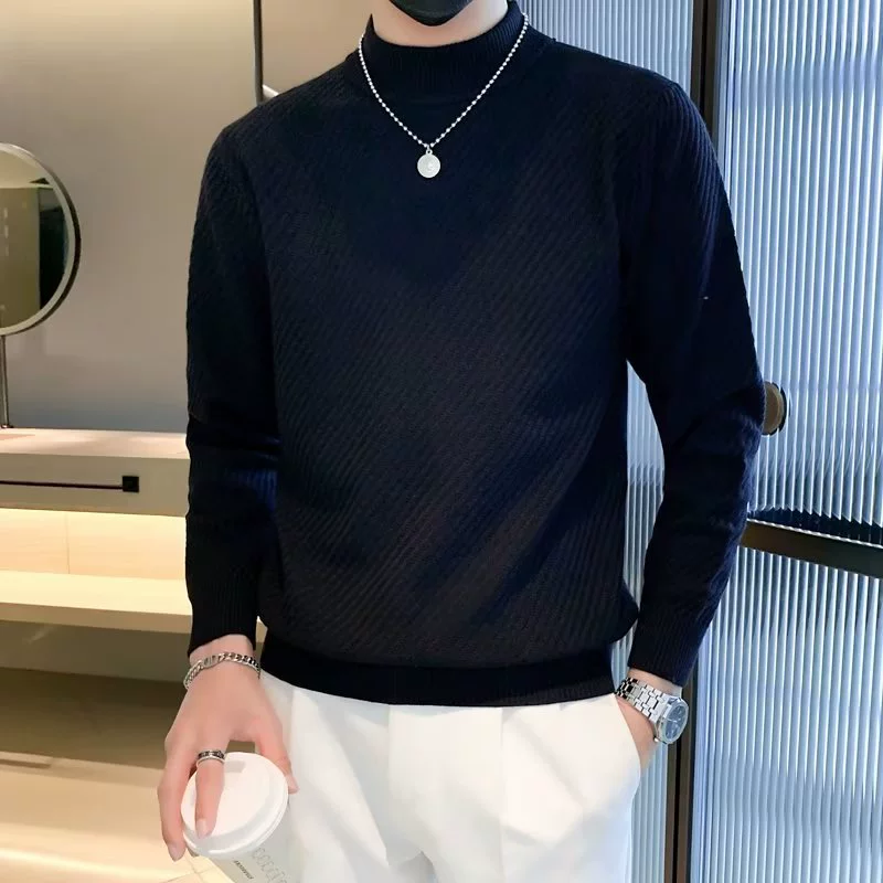 Мужской эластичный цветной вязаный демисезонный базовый свитер, slim fit