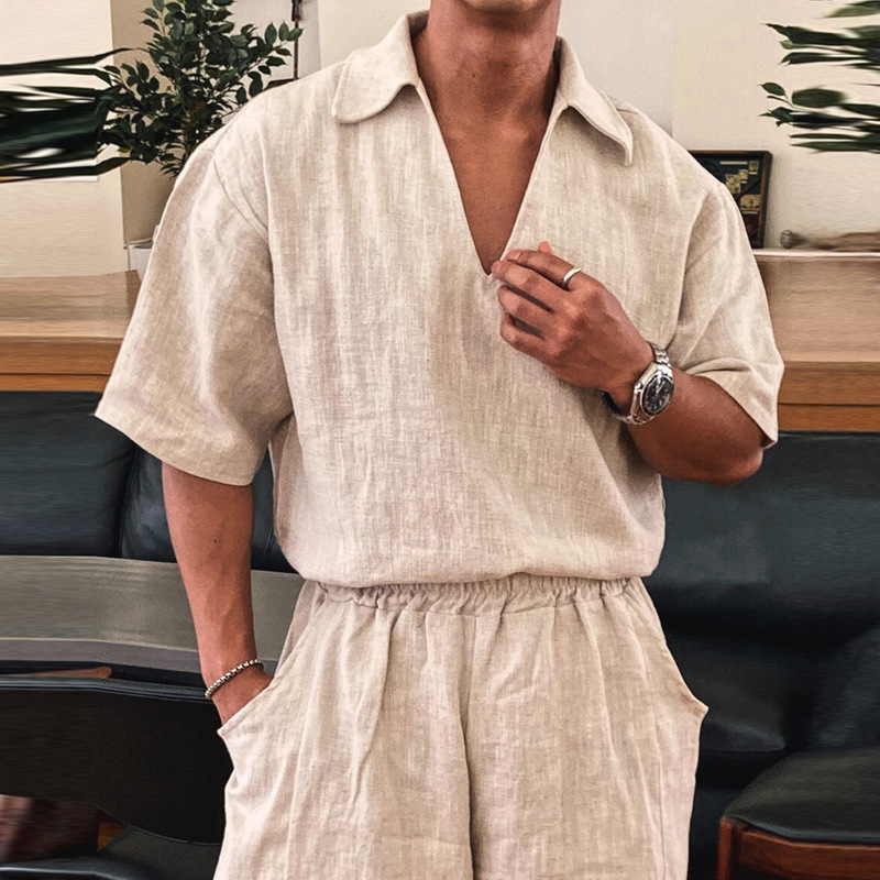 Linen V-Neck Shirt T-Shirt Casual Shorts Set for Men, Summer Lightweight Turn-Down Collar Short-Sleeve Old Money Island Style Two-Piece Set