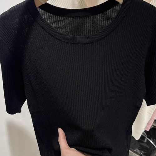 Ice silk round neck sweater short-sleeved solid color T-shirt for women 2025 summer new top stretch slim fit pit strip base shirt