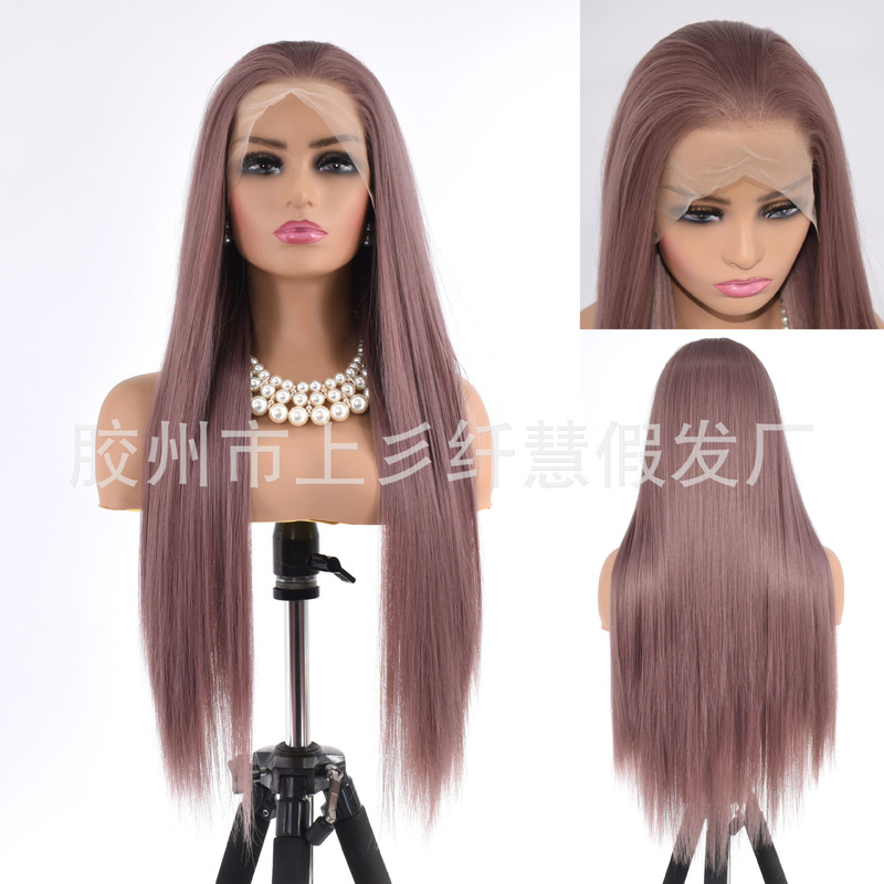 Hand Hook Wig Milk Tea Pink Gray Front Lace Women's Long Straight Hair High Temperature Matte Chemical Filament Headgear Manufacturer Wholesale Hand Hook Wig Milk Tea Pink Gray Front Lace Women's Long Straight Hair High Temperature Matte Chemical Filament Headgear Manufacturer Wholesale