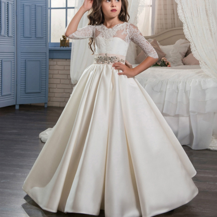 Retro Satin Flower Girl Dress With Rhinestone Lace Bow Tie Long Tutu Skirt For Kids Wedding Dress【Pre-sale | Ships In 15 Days】_voghion.com
