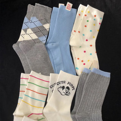 小紅書網紅襪子女 時尚菱格條紋女襪中筒襪ins潮韓系時尚棉襪批發