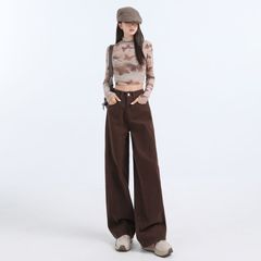 メイラードコーヒー色のワイドレッグジーンズ女性用2025春秋新作ハイウエストスリム小柄ナローバージョンストレートパンツ