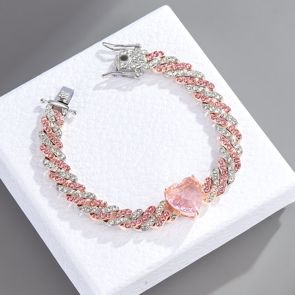 Plating Design European And American Fashion Two-color Heart Hip-hop Cuban Chain Alloy Color Rhinestone Necklace