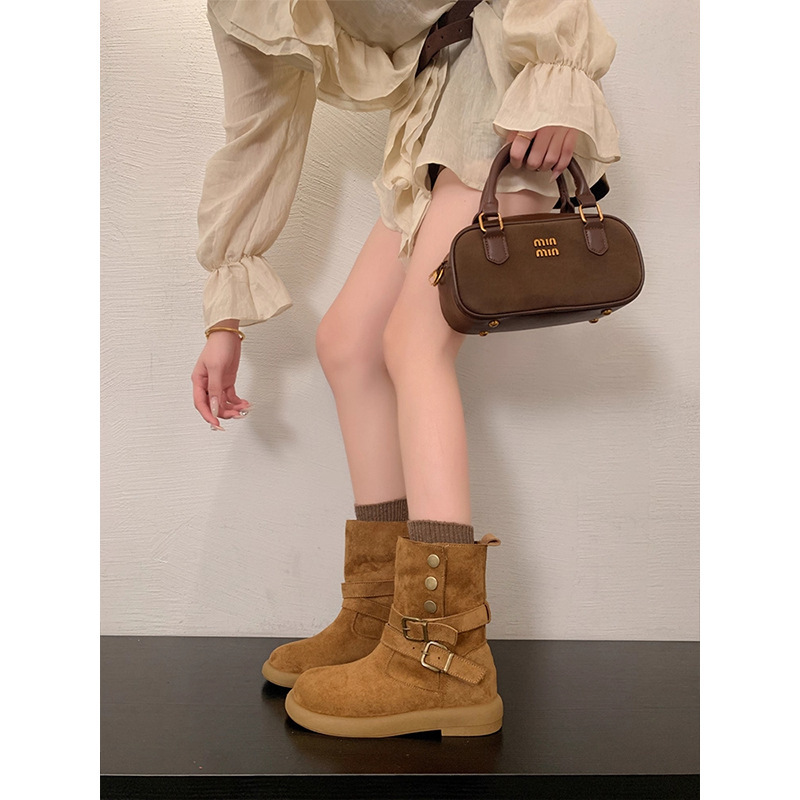 美拉德复古皮带扣短筒西部牛仔靴女2025年新款时尚百搭休闲骑士靴|undefined