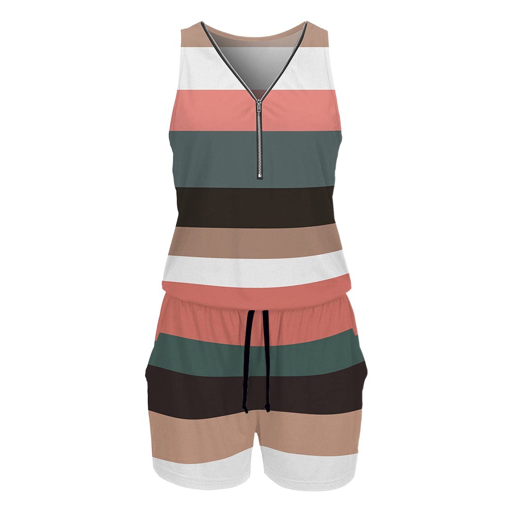 2023 European and American New Style Amazon Independent Site Women's V-Neck Zipper Striped Sleeveless One-Piece Drawstring Shorts