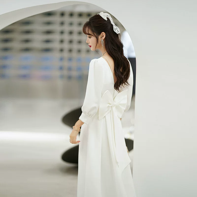 White evening dress, spring long-sleeve