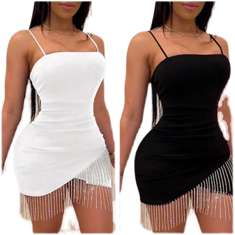 2023 European and American Slim Sexy Tight Dress Tassel Skirt Hedge Chest Wrap Strap Elegant Dress Skirt Hip Dress