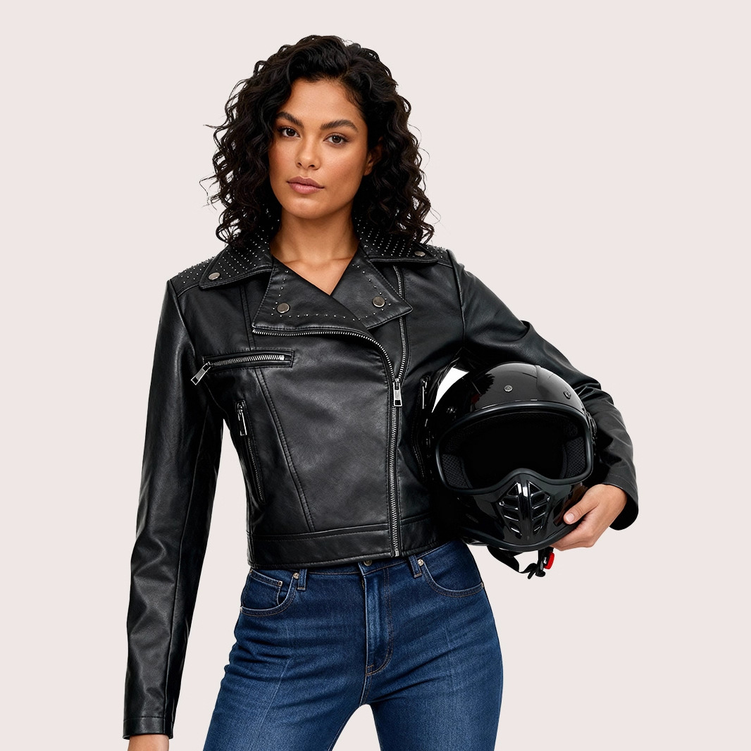 Cross-Border European and American In-Stock Washed Leather Jacket for Women, New Spring, Autumn, and Winter Style with Studs, Motorcycle Jacket with Splicing