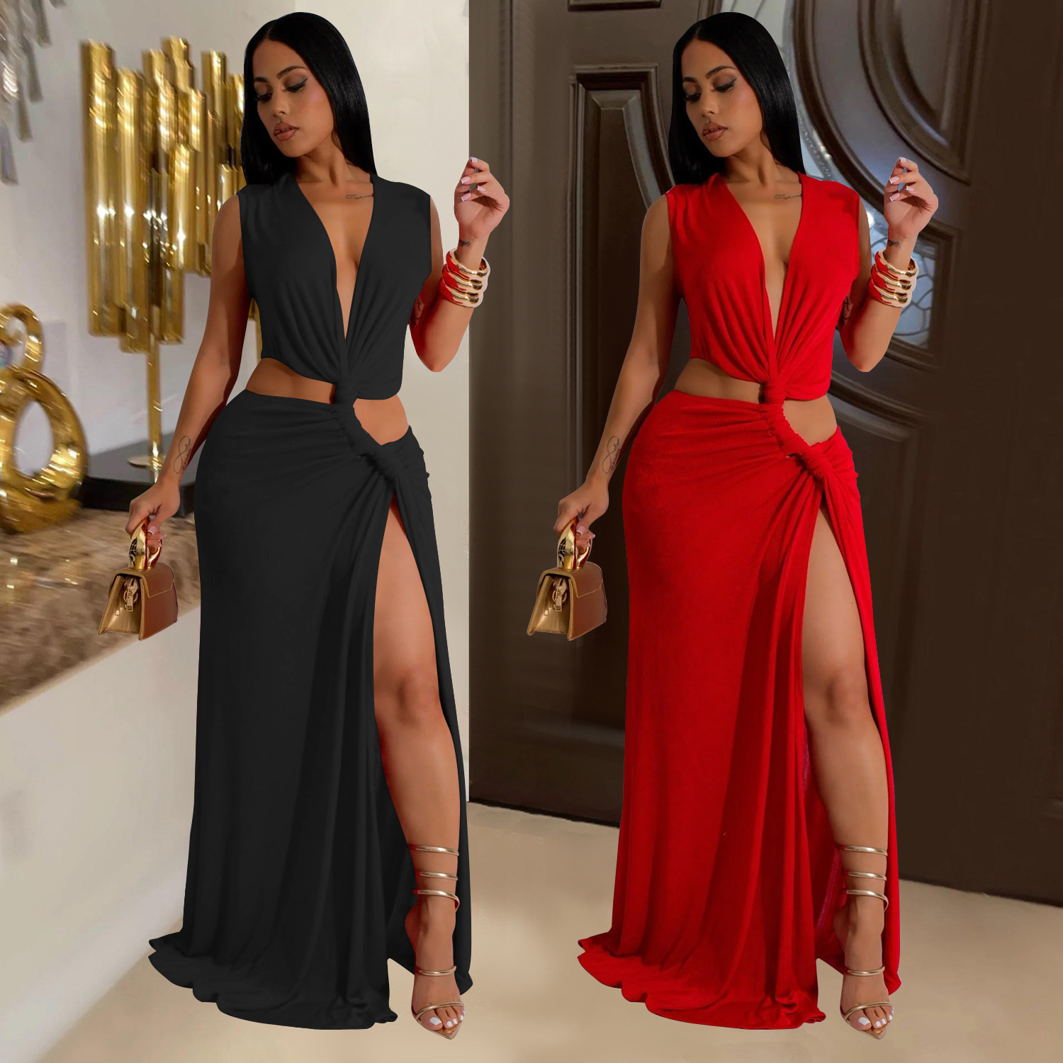 C7062 Aliexpress transfronterizo Amazon estación independiente de moda europea y americana vestido de mujer sin mangas profundo V bifurcado nuevo image 1