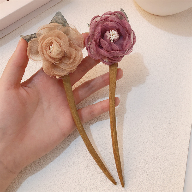 Literatura y arte pequeños pinzas de cabello frescas de rosa, vestidos chinos antiguos para el cabello, flores secas retro pinzas de madera simples adornos para el cabello