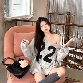 美式数字印花露肩卫衣女早秋慵懒风休闲百搭oversize上衣