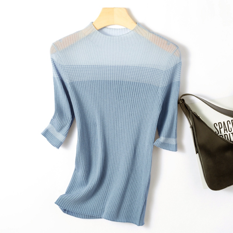Women's Spring and Summer Transparent Half-High Collar Mid-Sleeve Knit Top, Solid Color Slim-Fit Base Shirt, Silk Top