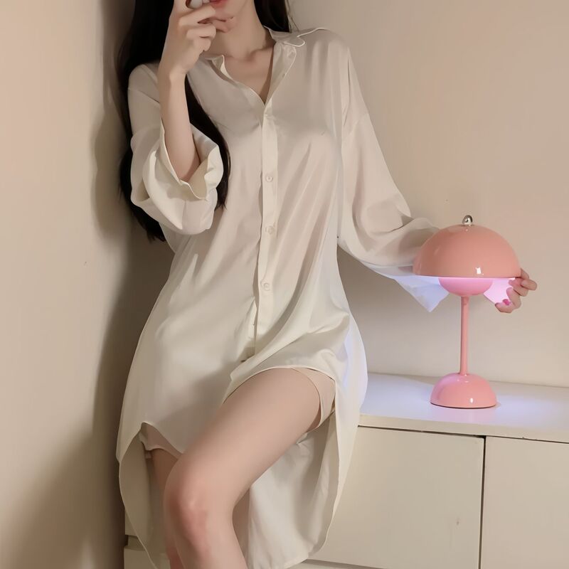 Sexy Boyfriend-Style Shirt Pajamas for Women, Long-Sleeved Pure Desire Thin High-End Home Wear, Large Size Nightgown