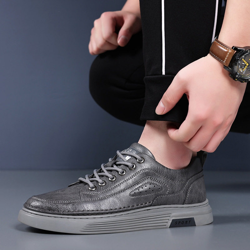 Giày da nam công sở cổ thấp đế mềm, giày sneaker da bò phối dây buộc, gót thấp 1–3 cm — GX2033 màu trắng, GX2033 màu xám
