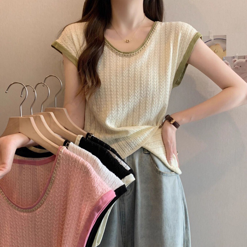 French-Style Ice Silk Hollow Knit Women's Summer New Irregular Design Niche Short-Sleeve T-Shirt Crop Top