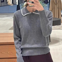小禾女装2025秋季新款通勤简约小众设计感翻领长袖套头针织衫
