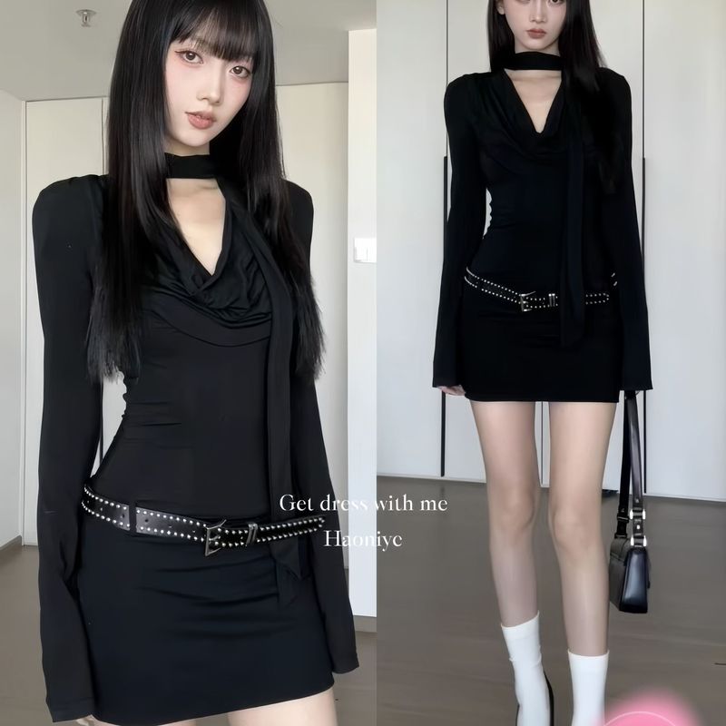 Hepburn-Style Spicy Black Long-Sleeve Dress for Women, 2026 New Autumn and Winter Outfit, Mature Bodycon Mini Dress with a High-End Feel